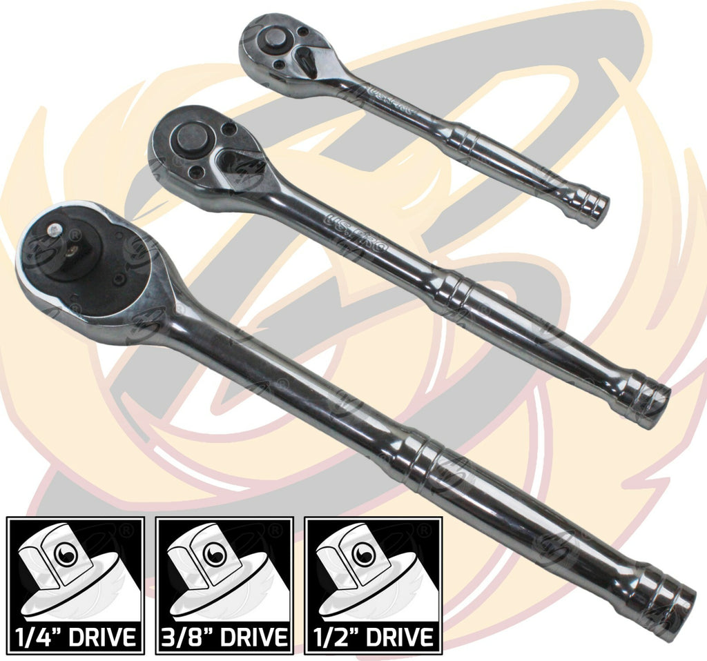 US.PRO 3Pc Ratchet Handle Set 1/4" 3/8" 1/2" Long Reach Wrenches Quick Release