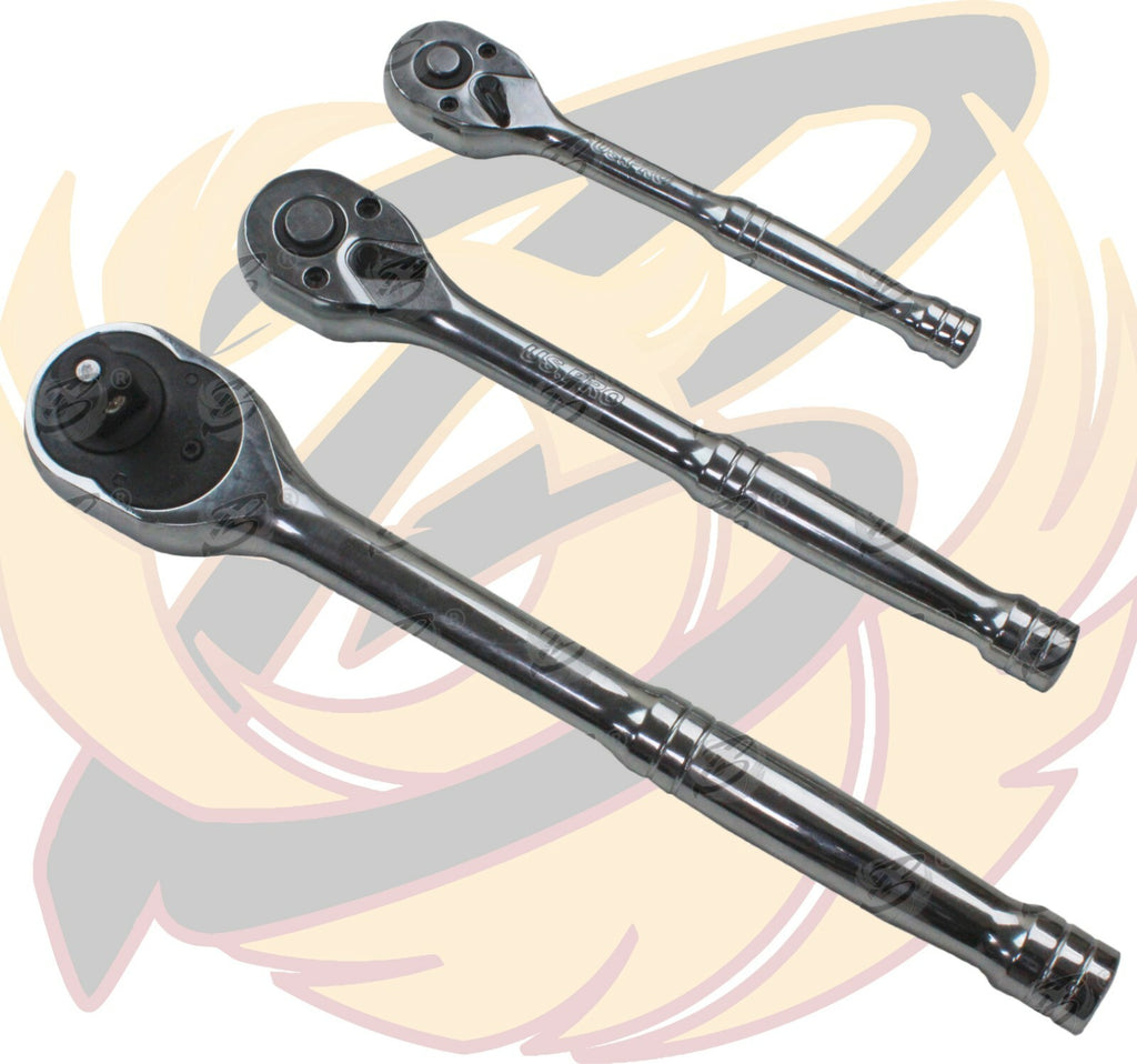 US.PRO 3Pc Ratchet Handle Set 1/4" 3/8" 1/2" Long Reach Wrenches Quick Release