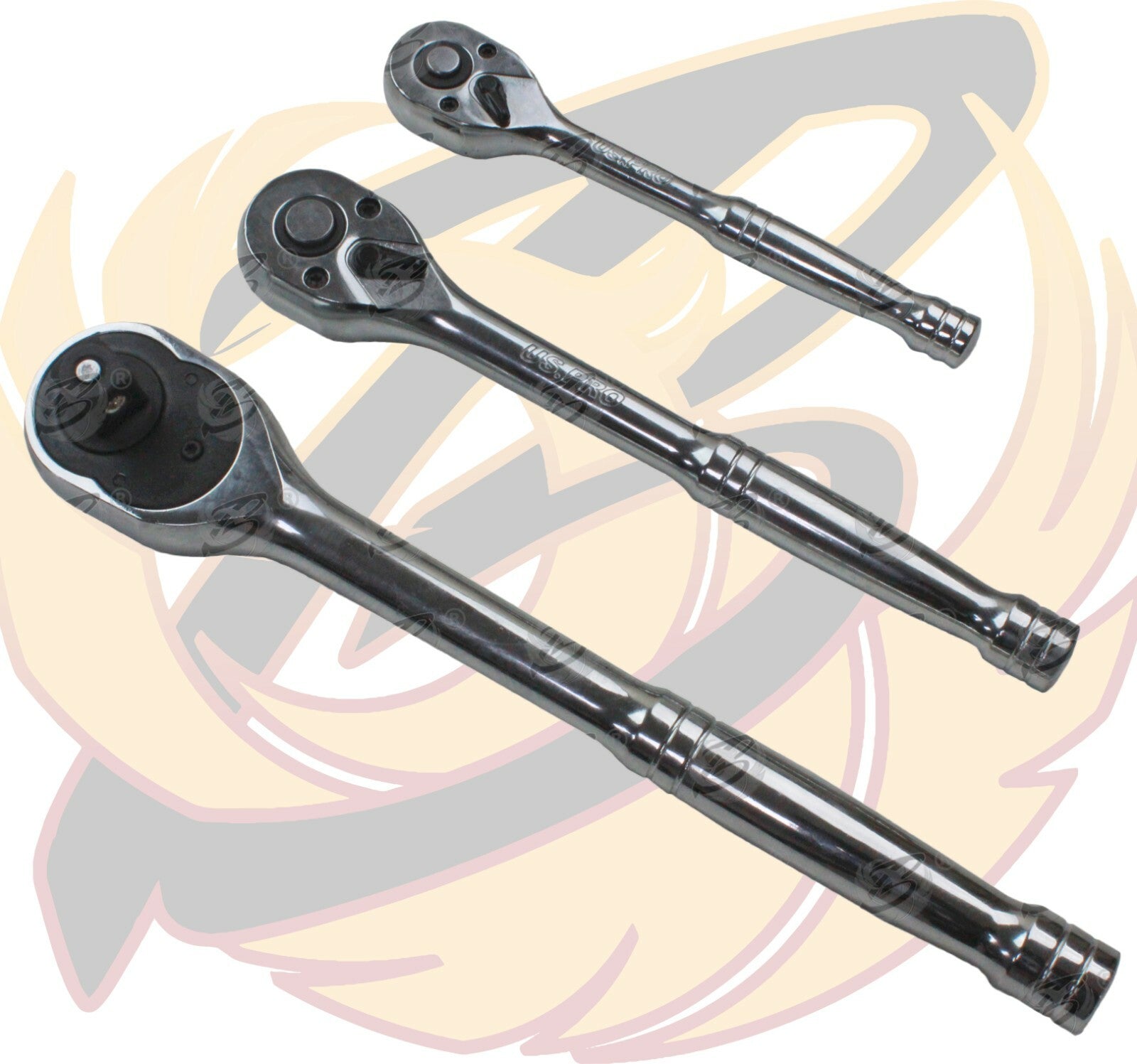US.PRO 3Pc Ratchet Handle Set 1/4" 3/8" 1/2" Long Reach Wrenches Quick Release