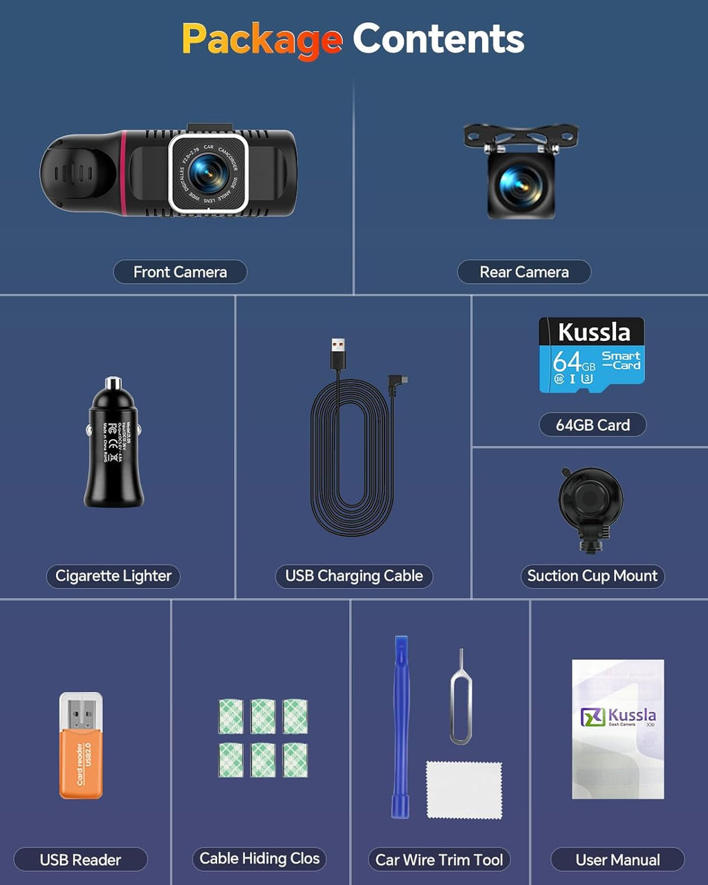 Dash Cam Front and Rear inside 3 Channel Dashcam for Cars 1080P with 64GB Card Adjustable Lens 3 Ways Triple Camera with Night Vision, G-Sensor, Loop Recording, Parking Monitor