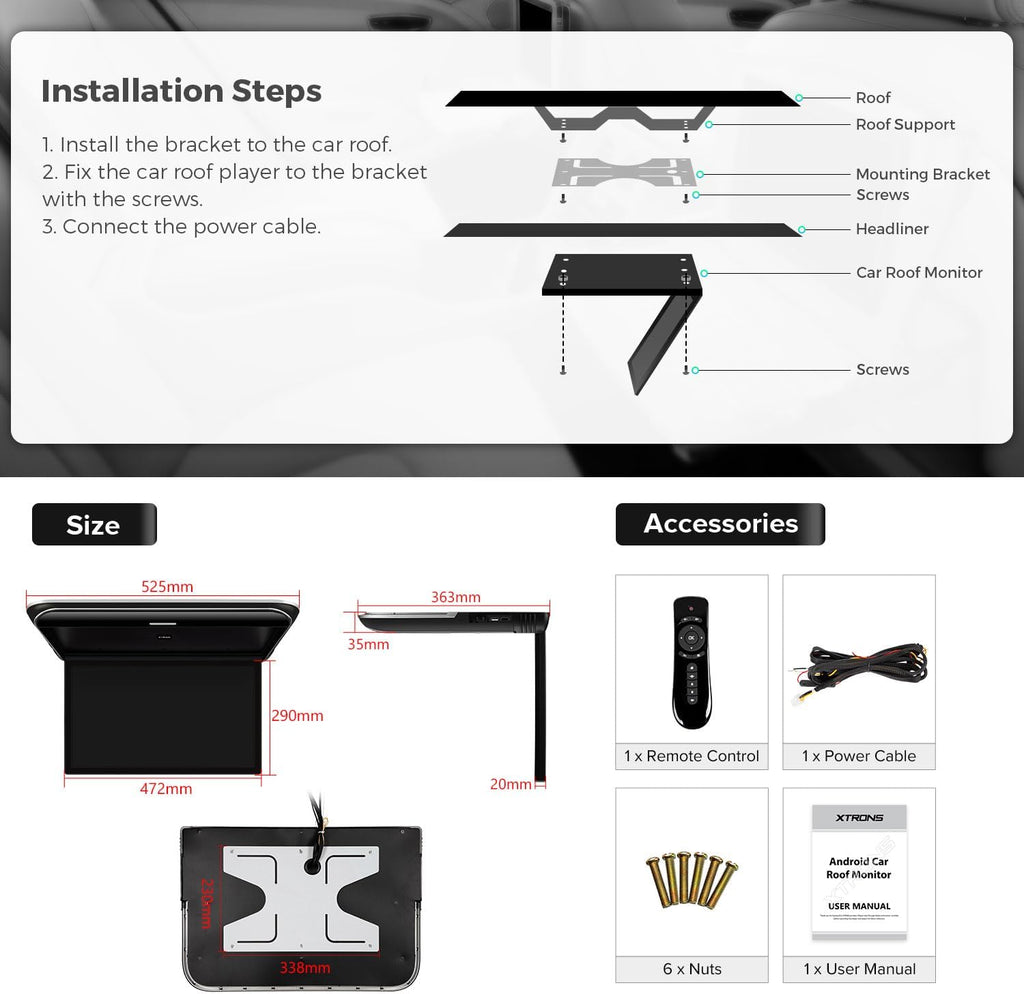 Android Car Overhead Player 19.5 Inch Octa Core Car Roof Mount Monitor Wide IPS Screen 8K Video Built-In Stereo Speakers Flip down Overhead Car Monitor Support 4G Wifi HDMI Input USB RCA Input