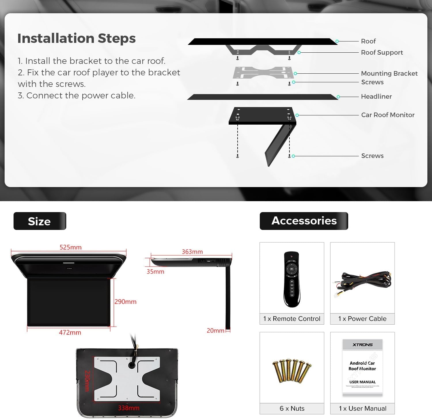 Android Car Overhead Player 19.5 Inch Octa Core Car Roof Mount Monitor Wide IPS Screen 8K Video Built-In Stereo Speakers Flip down Overhead Car Monitor Support 4G Wifi HDMI Input USB RCA Input