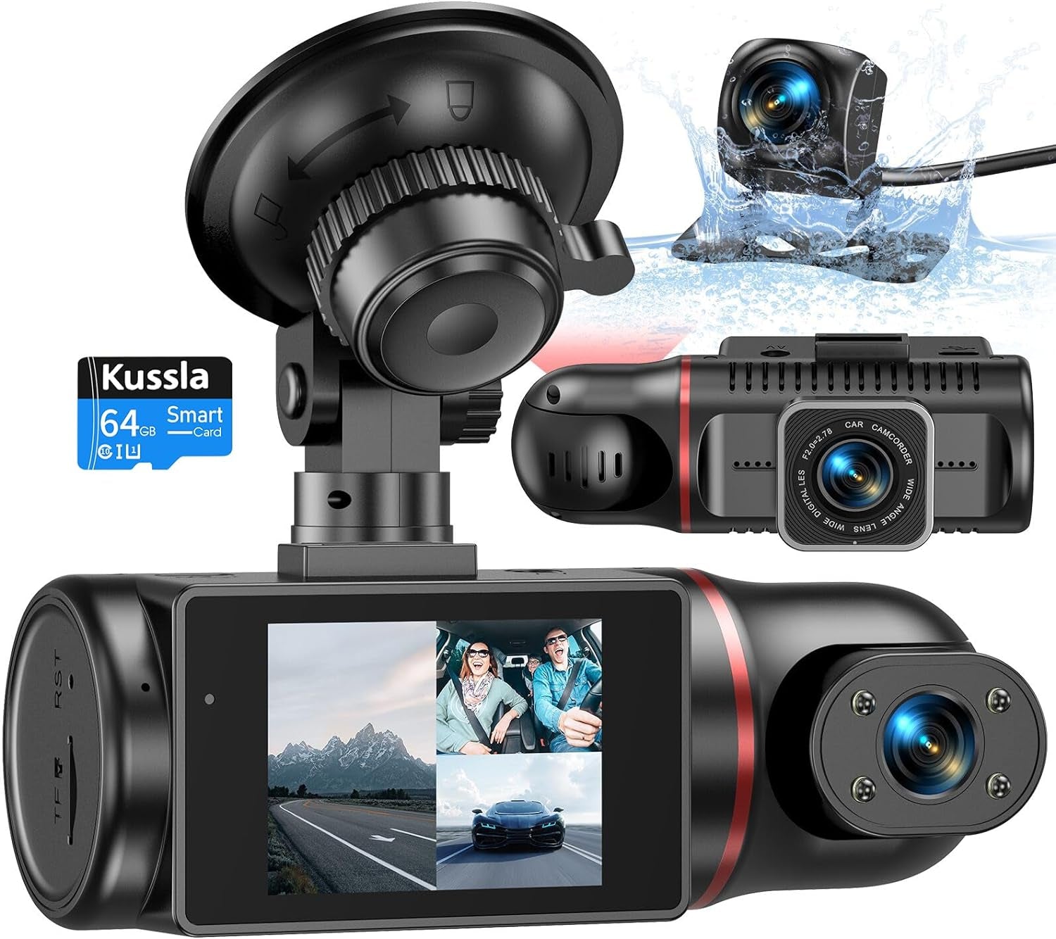 Dash Cam Front and Rear inside 3 Channel Dashcam for Cars 1080P with 64GB Card Adjustable Lens 3 Ways Triple Camera with Night Vision, G-Sensor, Loop Recording, Parking Monitor