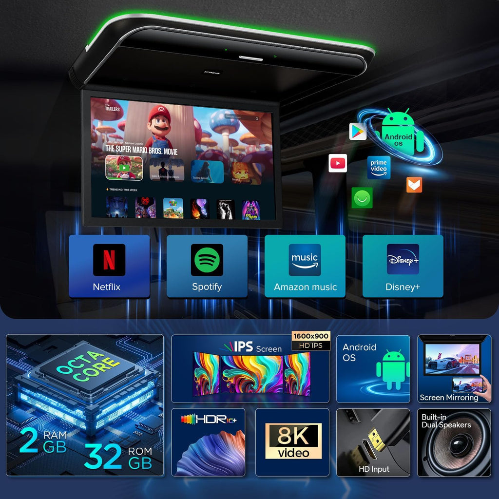 Android Car Overhead Player 19.5 Inch Octa Core Car Roof Mount Monitor Wide IPS Screen 8K Video Built-In Stereo Speakers Flip down Overhead Car Monitor Support 4G Wifi HDMI Input USB RCA Input