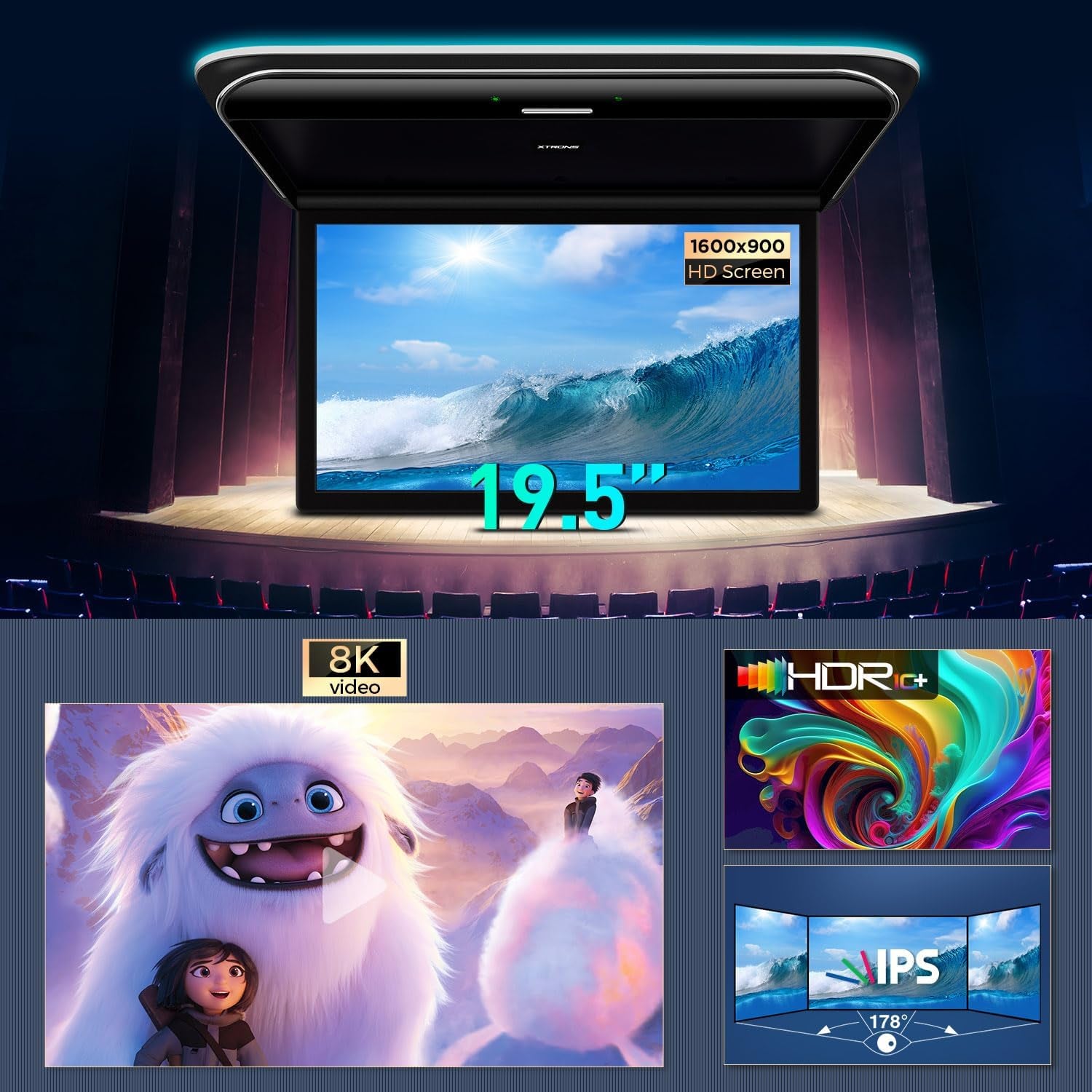 Android Car Overhead Player 19.5 Inch Octa Core Car Roof Mount Monitor Wide IPS Screen 8K Video Built-In Stereo Speakers Flip down Overhead Car Monitor Support 4G Wifi HDMI Input USB RCA Input