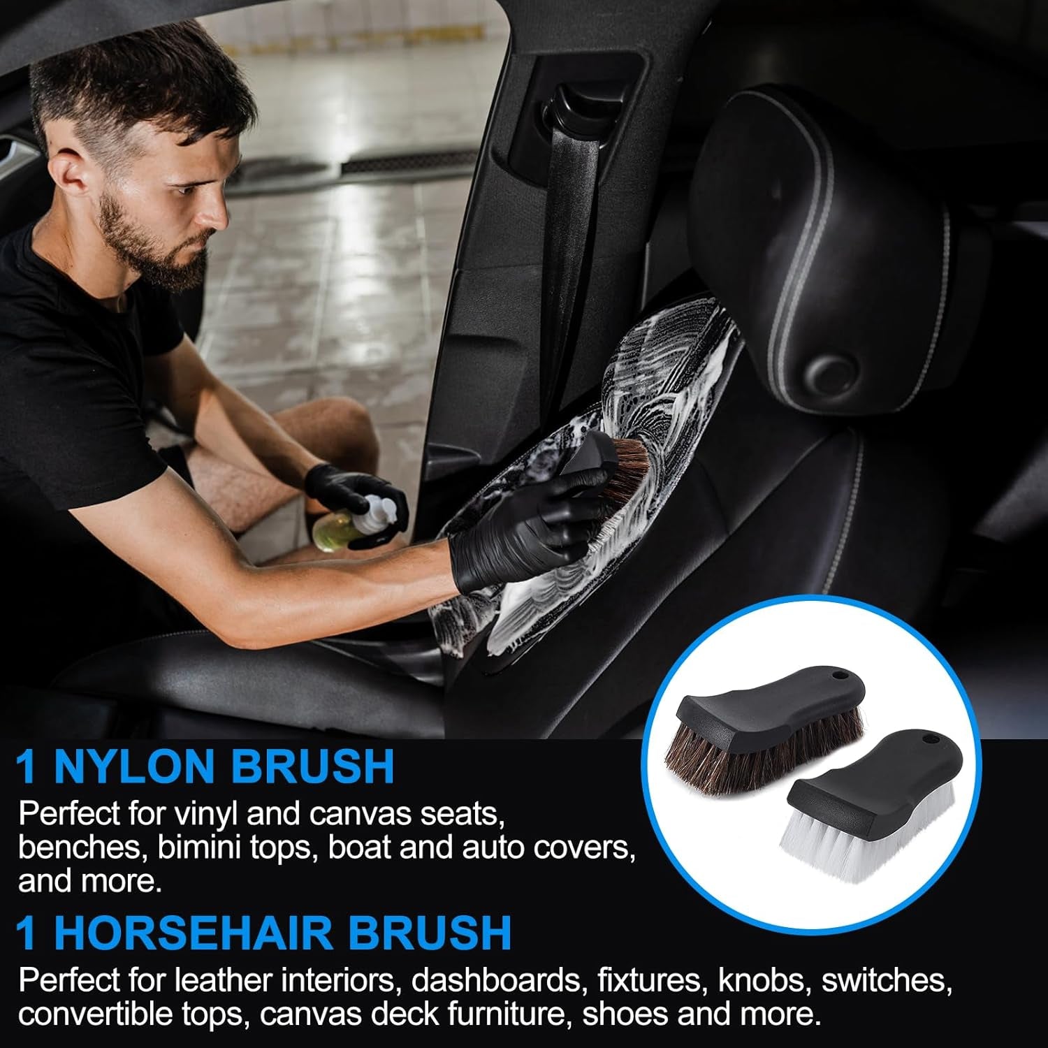 Upholstery Brush Set Chemical Guys Brush Carpet Brush Car Cleaning Brush Horse Hair Brush and Car Brush Horsehair Detailing for Car Upholstery Cleaner Leather Brush, Interior, Boat, Couch and Sofa