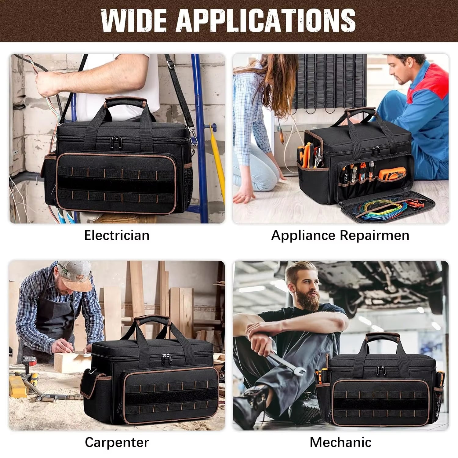 17''Large Capacity Tool Kit 20 Pockets Portable Tool Kit with Shoulder Strap Wide Mouth Tool Bag for Electrician Mechanics