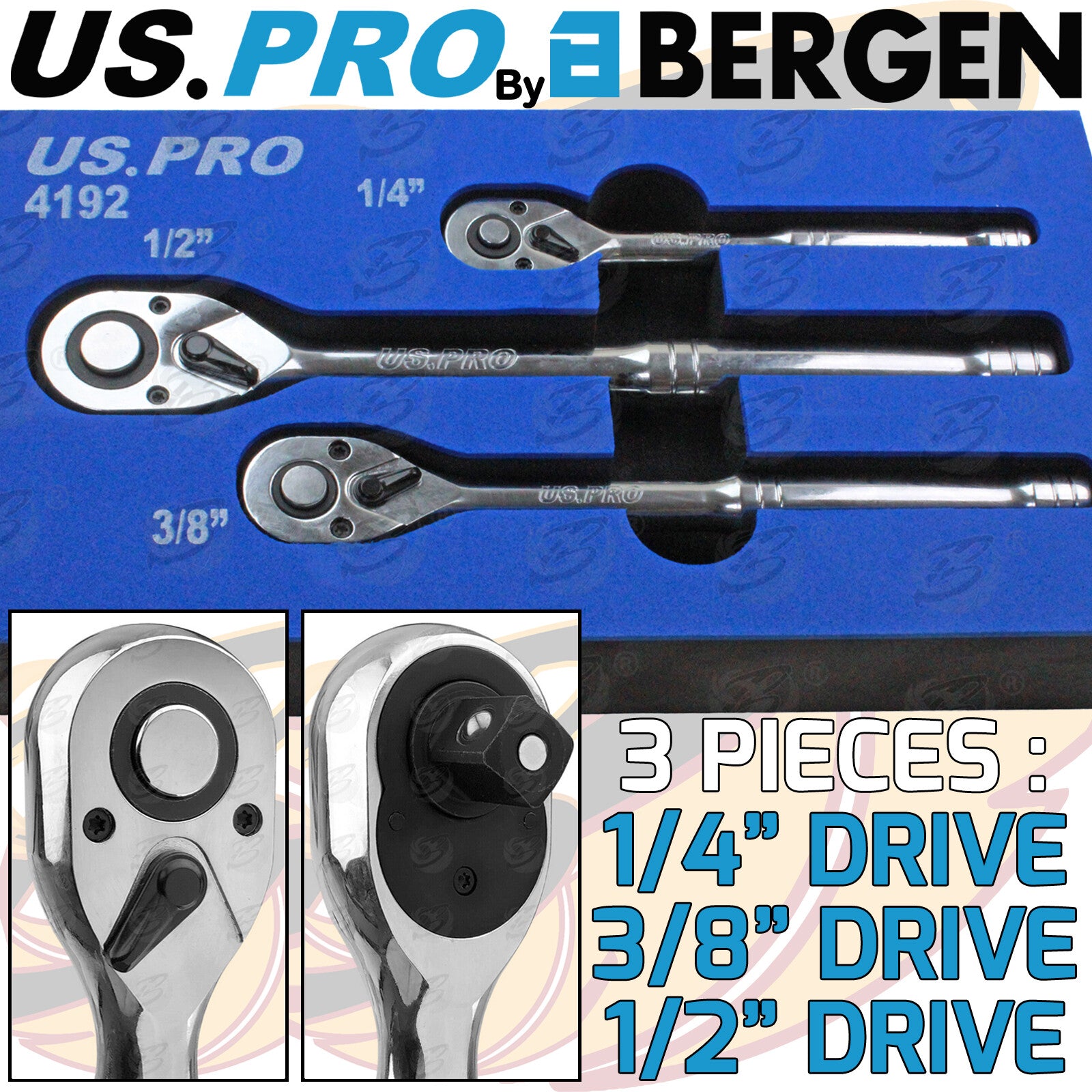 US.PRO 3Pc Ratchet Handle Set 1/4" 3/8" 1/2" Long Reach Wrenches Quick Release