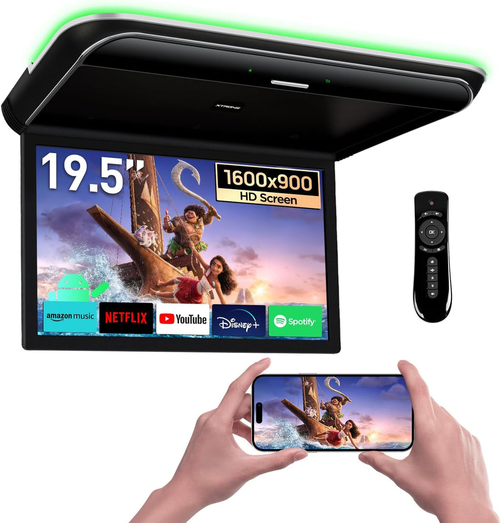 Android Car Overhead Player 19.5 Inch Octa Core Car Roof Mount Monitor Wide IPS Screen 8K Video Built-In Stereo Speakers Flip down Overhead Car Monitor Support 4G Wifi HDMI Input USB RCA Input