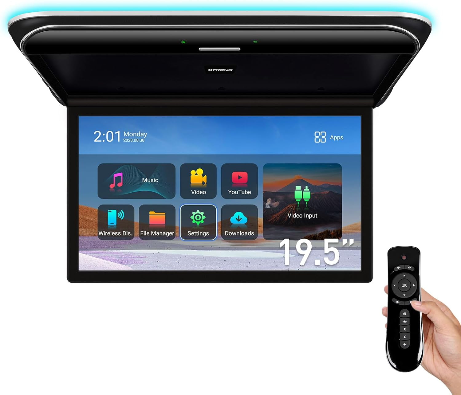 Android Car Overhead Player 19.5 Inch Octa Core Car Roof Mount Monitor Wide IPS Screen 8K Video Built-In Stereo Speakers Flip down Overhead Car Monitor Support 4G Wifi HDMI Input USB RCA Input