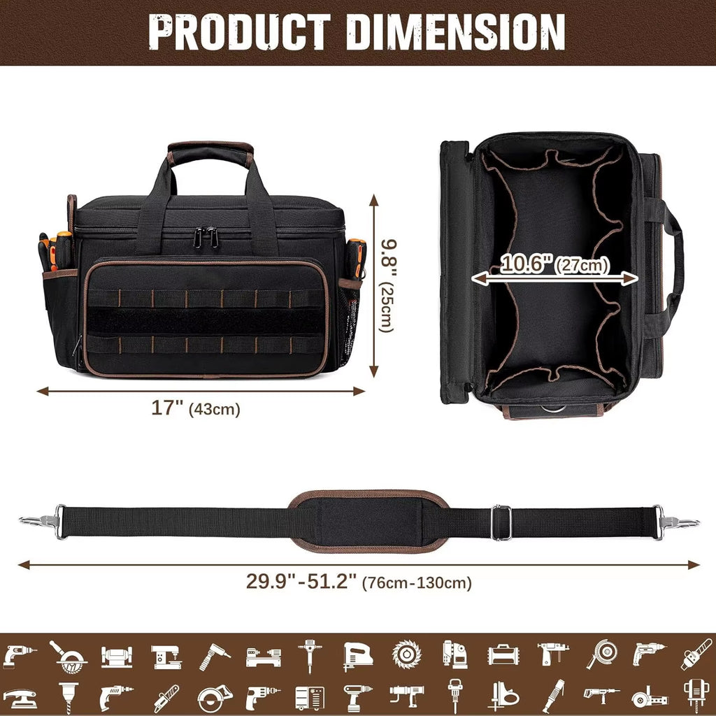 17''Large Capacity Tool Kit 20 Pockets Portable Tool Kit with Shoulder Strap Wide Mouth Tool Bag for Electrician Mechanics