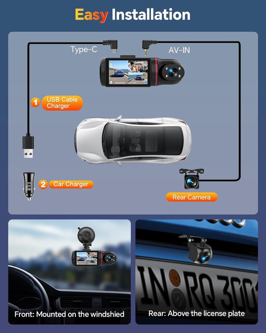 Dash Cam Front and Rear inside 3 Channel Dashcam for Cars 1080P with 64GB Card Adjustable Lens 3 Ways Triple Camera with Night Vision, G-Sensor, Loop Recording, Parking Monitor