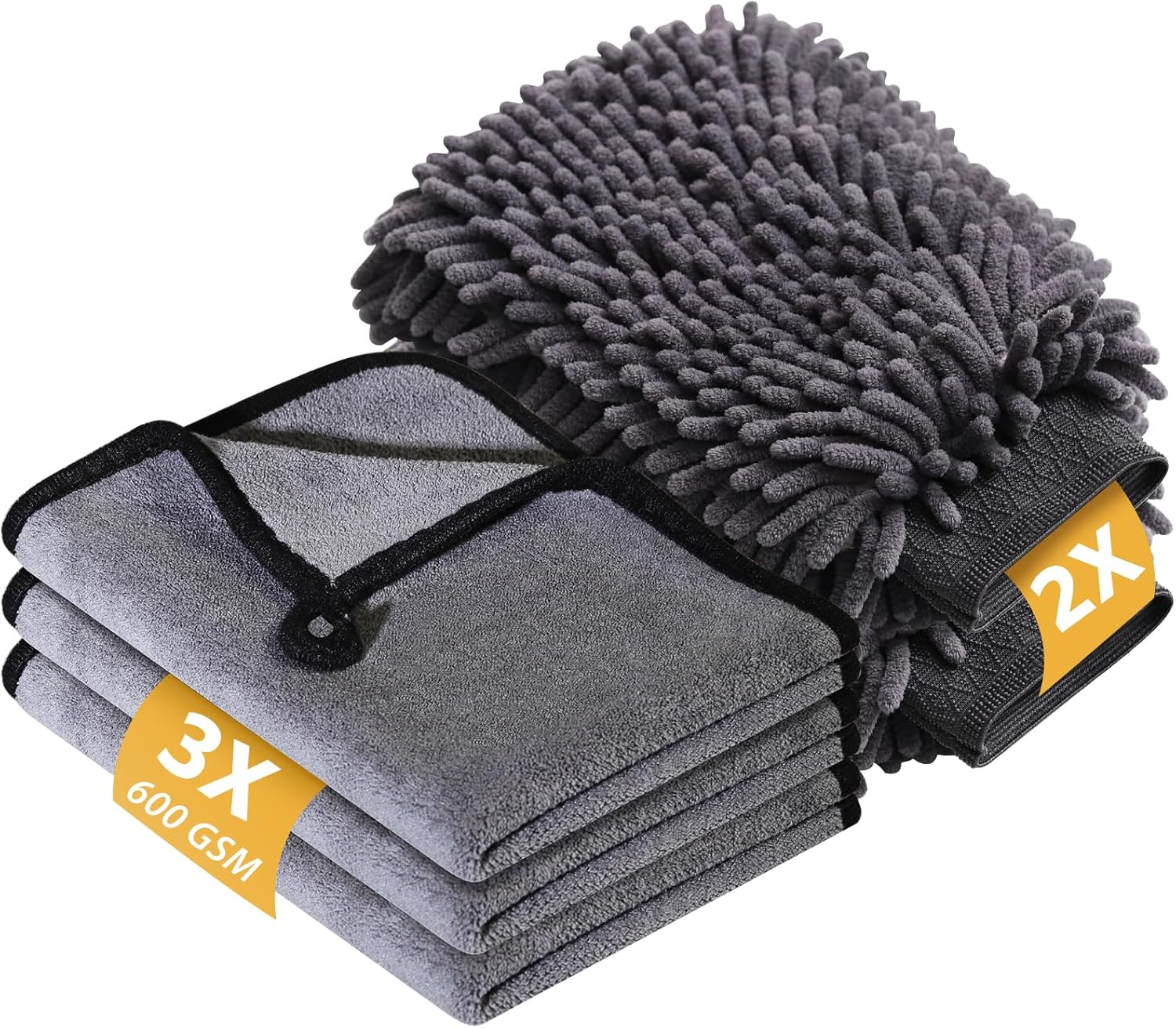 5 Pcs Car Washing Kit with 3X Microfibre Cleaning Cloth and 2Er Microfibre Wash Mitt, Dual-Sided Ultra Soft Drying Towels and Gloves for Car Care, Polishing, 600GSM, 40X30Cm