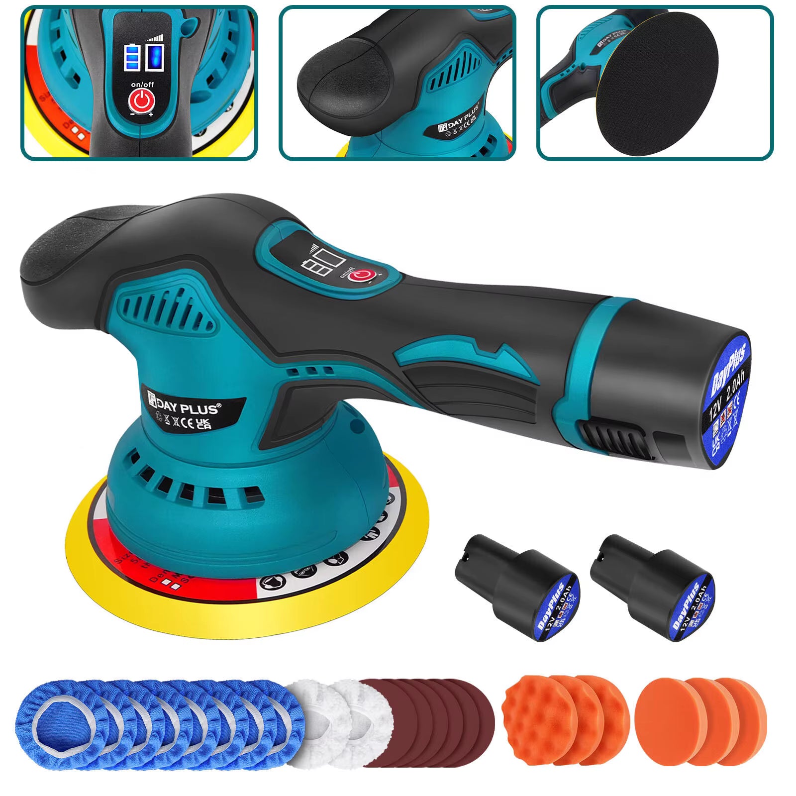 Cordless Car Polisher Buffer Machine, with 2X 2.0Ah Batteries 8 Variable Speed, 125Mm Base for Car Detailing