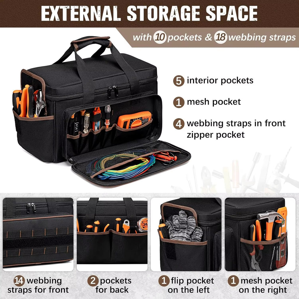 17''Large Capacity Tool Kit 20 Pockets Portable Tool Kit with Shoulder Strap Wide Mouth Tool Bag for Electrician Mechanics