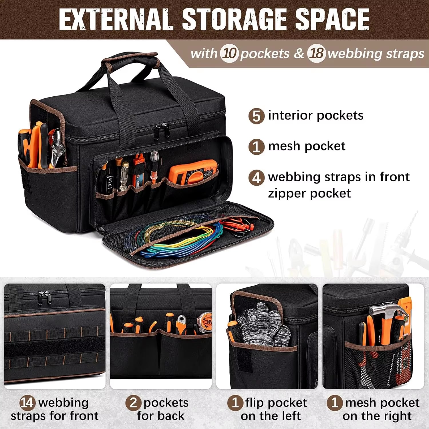 17''Large Capacity Tool Kit 20 Pockets Portable Tool Kit with Shoulder Strap Wide Mouth Tool Bag for Electrician Mechanics